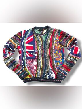 COOGI RARE VTG British Flag UK 3D Mercerized Cotton Knit Multi Crewneck Sweater